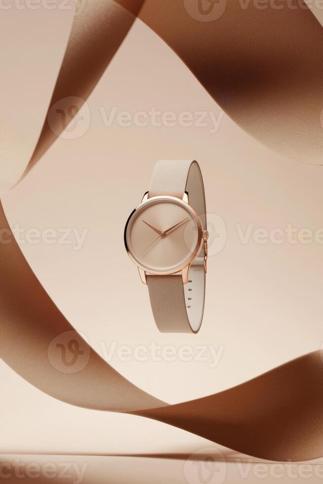 This exquisite gold watch features a captivating white dial and matching strap, showcased against a soft beige background with decorative ribbons, making it ideal for branding or marketing photo