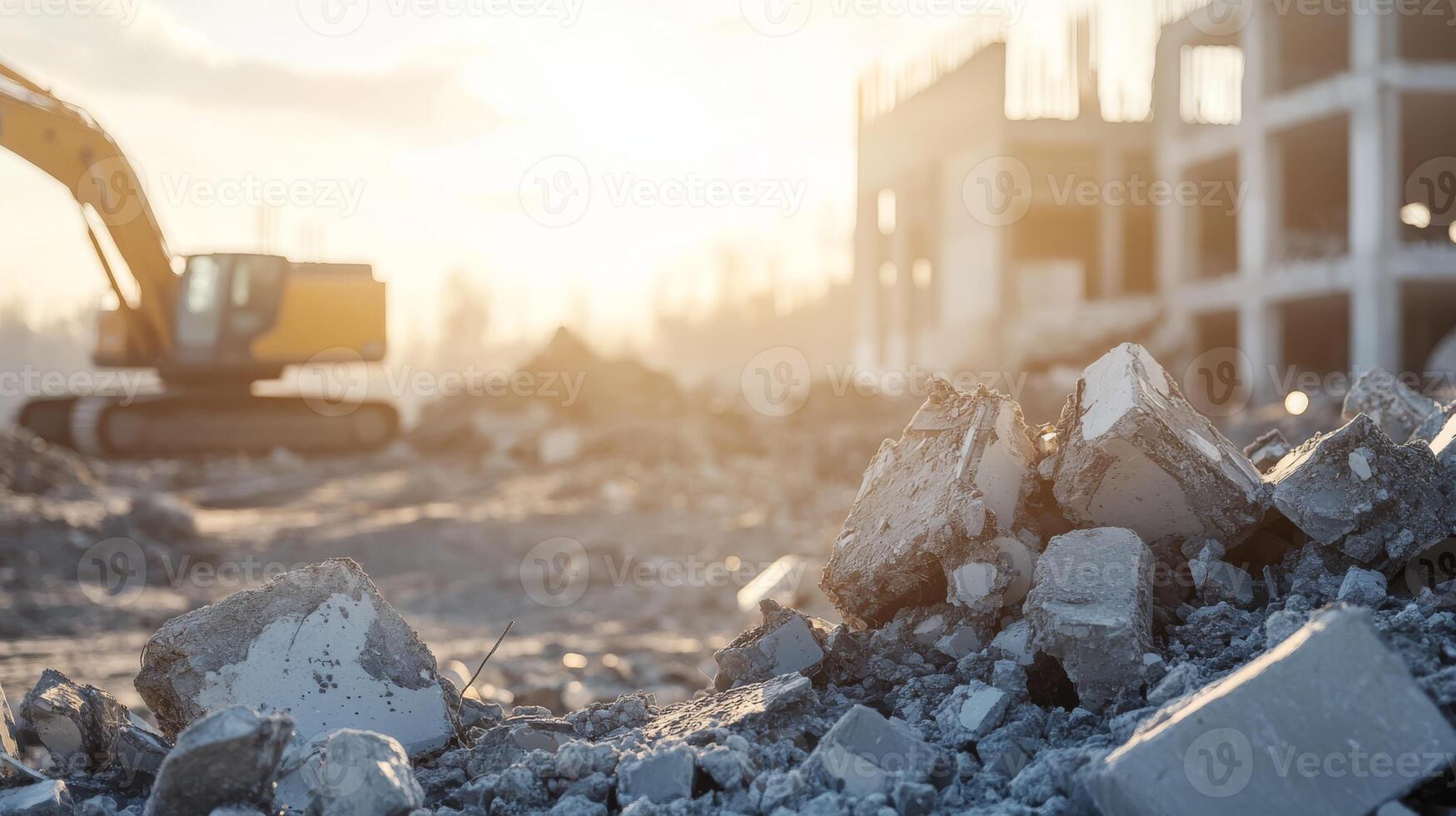 The busy construction site is filled with machinery operating among concrete debris, highlighting the urban demolition and extensive renovation efforts evident throughout the city photo