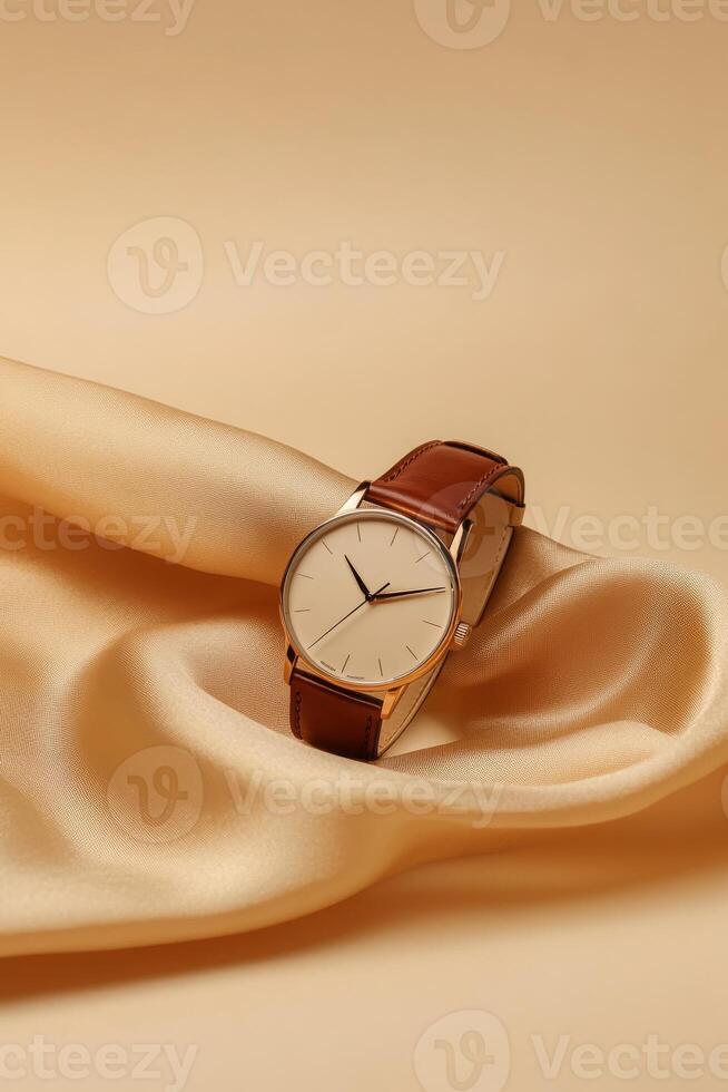 This luxury gold watch has a striking white dial and rich brown strap, beautifully displayed on a beige background with decorative ribbons, perfect for bold fashion statements and chic style photo