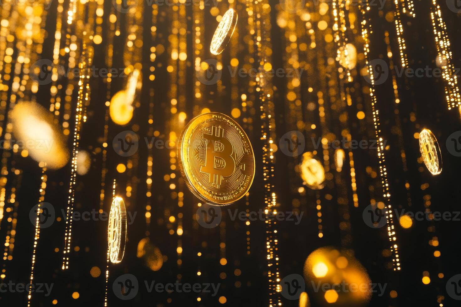 An abstract artistic portrayal of digital gold coins elegantly cascading through a dynamic backdrop of binary code, symbolizing the intricate intertwining of wealth and technology in modern society photo