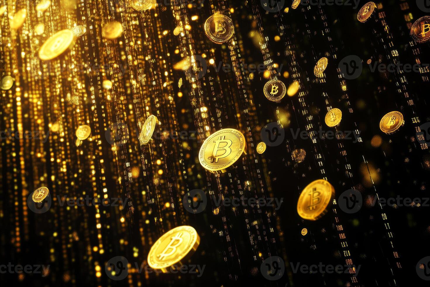 A visually striking and captivating image showcasing golden coins cascading through a dark backdrop of intricate binary code, symbolizing the unique world of cryptocurrency and digital wealth photo