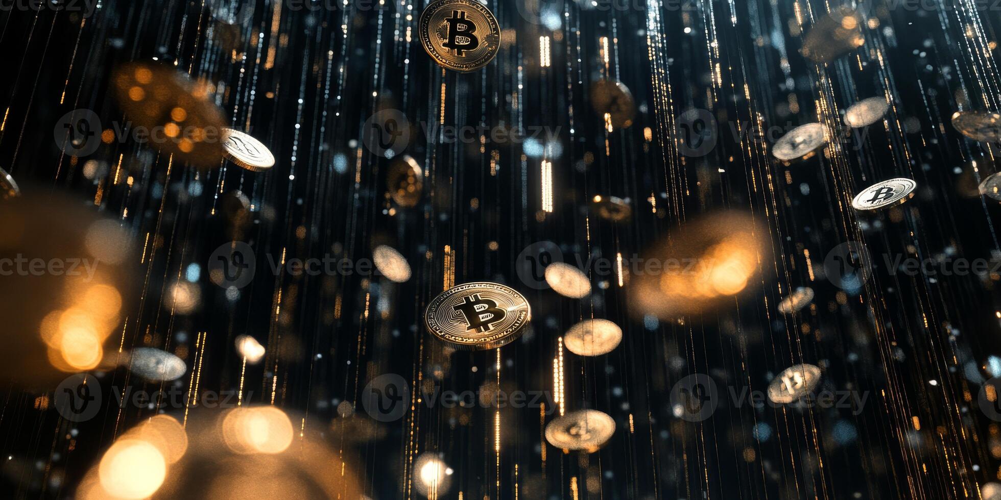 A detailed artistic image of vibrant digital gold coins flowing through a backdrop of binary code, symbolizing the evolving world of cryptocurrency and blockchain technology innovations photo