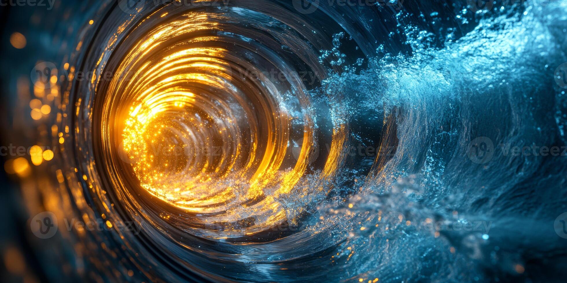 This abstract artwork captures swirling liquid in a tunnel, showcasing vibrant blue and bright orange hues. It emphasizes industrial technologys role in shaping our aquatic environments beautifully photo
