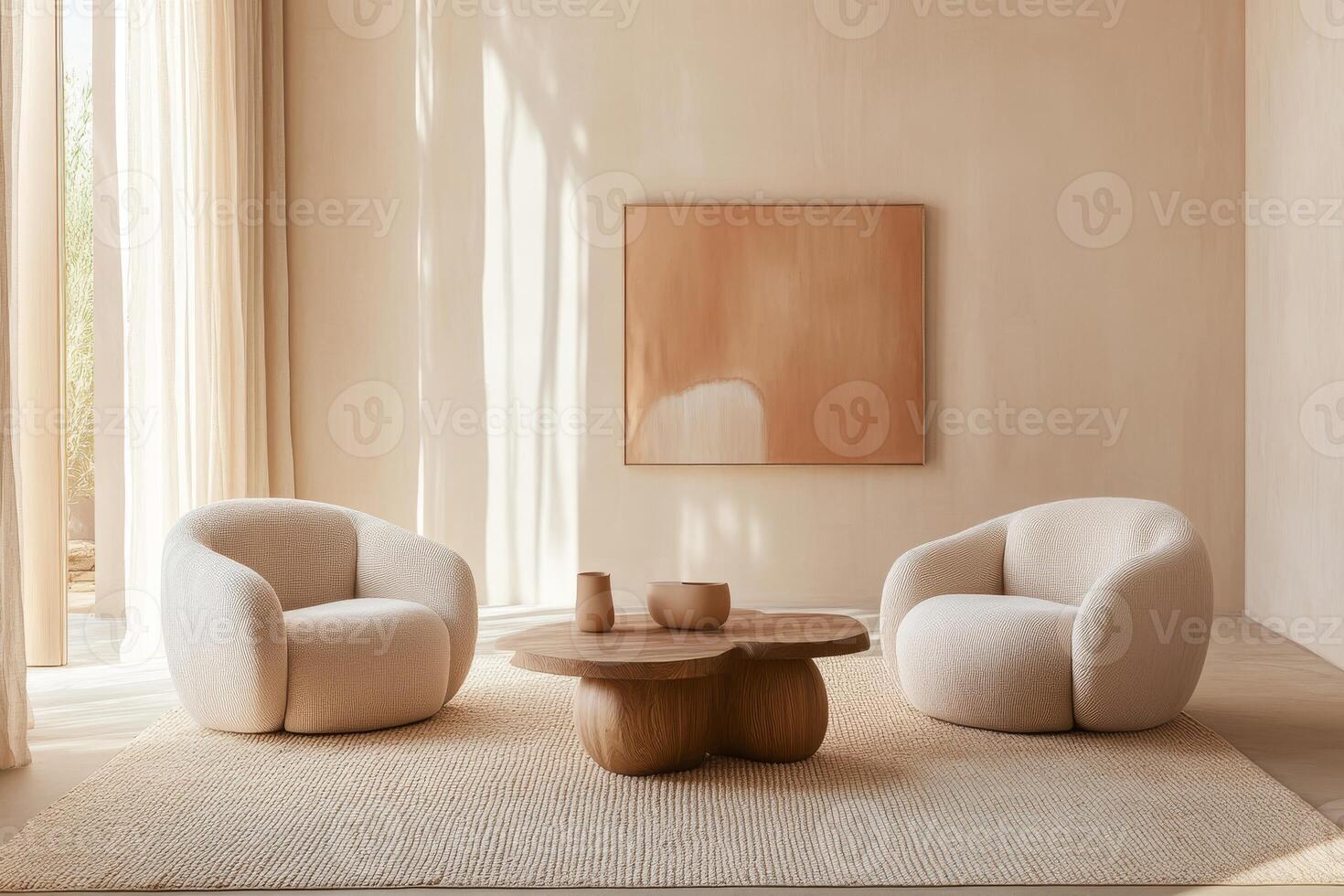 A serene and tranquil living room featuring beautifully styled, plush furniture alongside a calming color palette, perfectly embodying the minimalist principles of Japandi design aesthetics photo