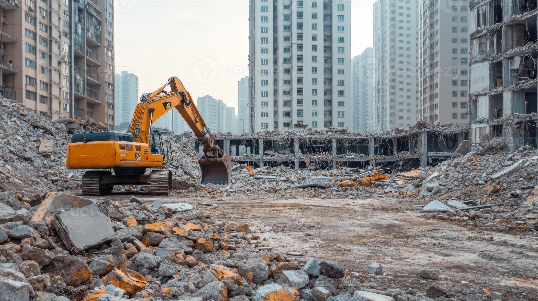 An urban demolition site vividly showcasing heavy machinery working amidst piles of concrete debris, clearly illustrating the transformative process of reshaping a landscape in an unoccupied area photo