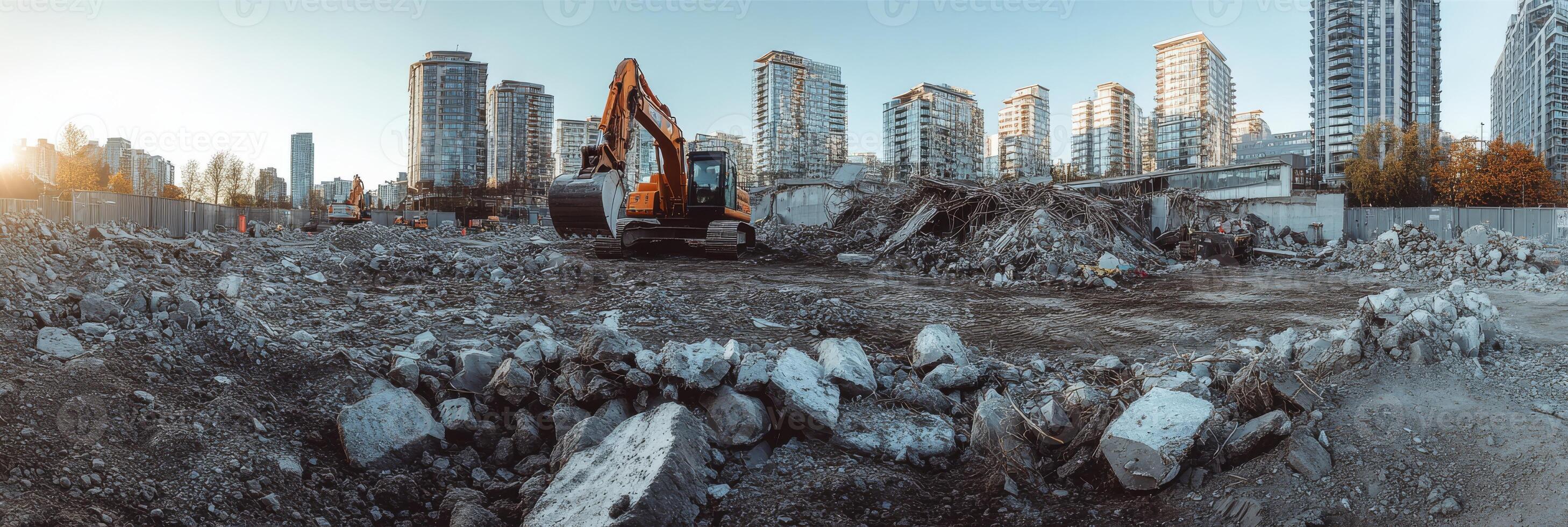 The scene depicts a busy construction site with debris, heavy machinery, and specialized equipment, highlighting the crucial demolition and renovation efforts for urban infrastructure development photo