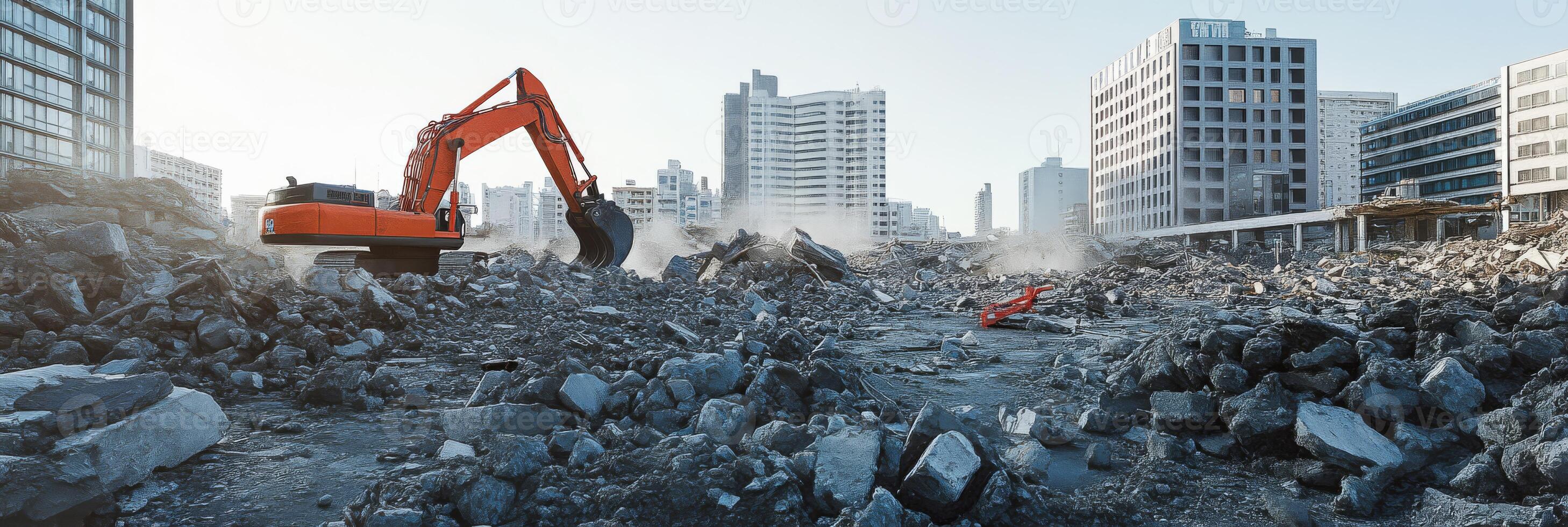 A chaotic construction site bustling with scattered concrete debris, active heavy machinery, and signs of ongoing urban transformation marked by active demolition and largescale construction efforts photo