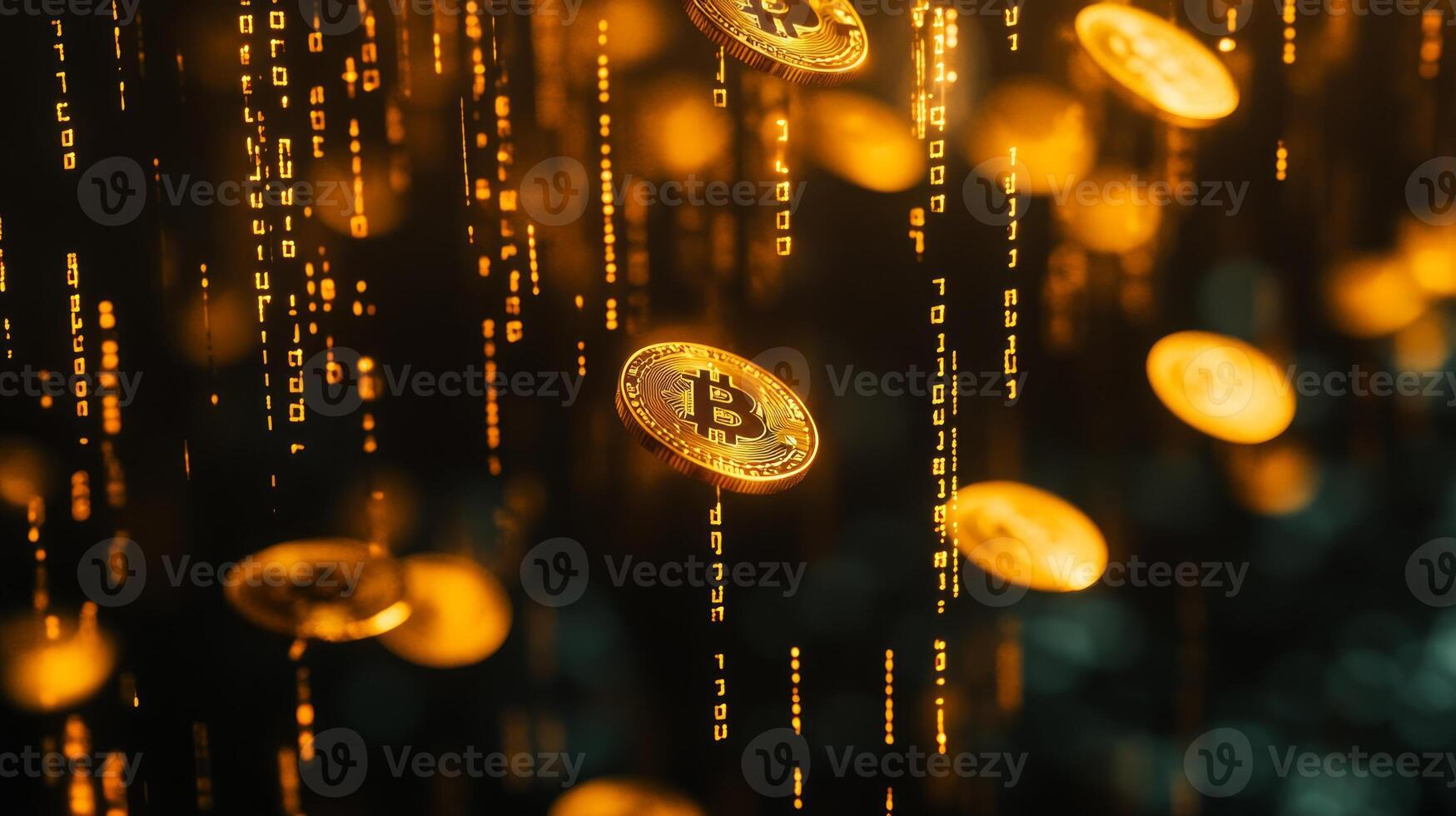 This artwork features shimmering gold coins cascading through a vibrant digital binary backdrop, symbolizing the transformative cryptocurrency market and the evolving digital economy photo