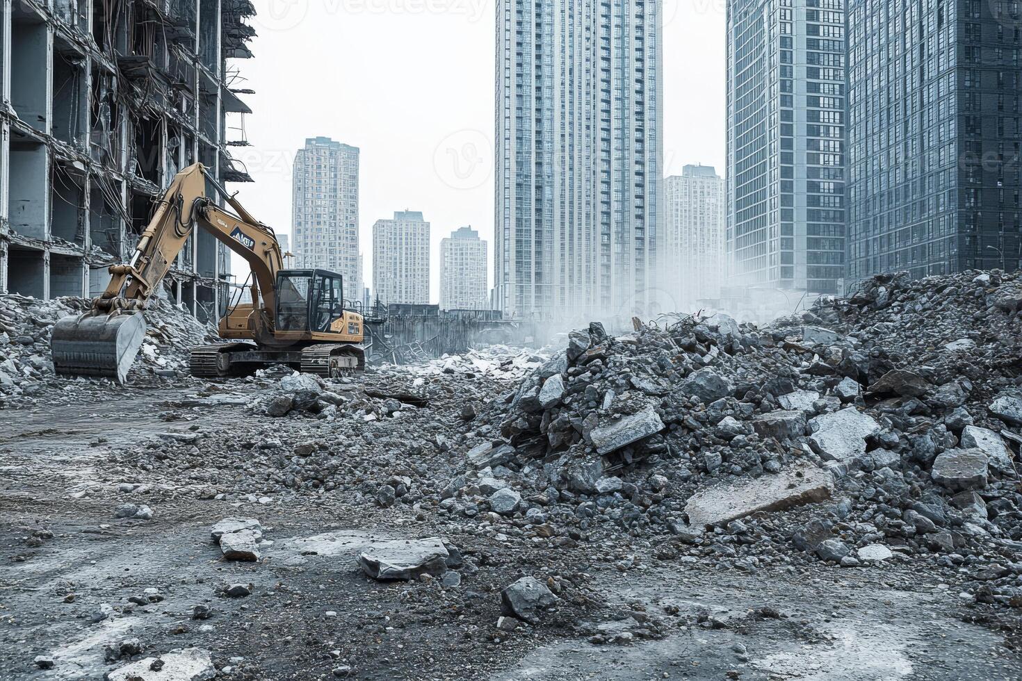 In the chaotic demolition scene, heavy machinery systematically tears down large structures, scattering debris and highlighting the complexities of the demolition process and industry photo