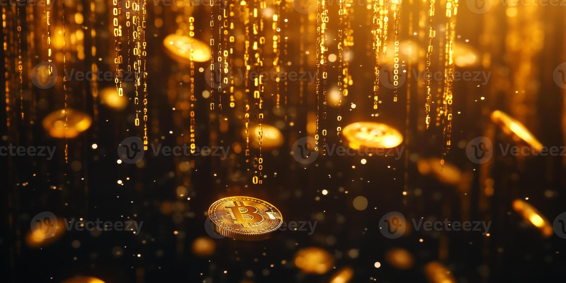An artistic depiction shows golden coins flowing through a vibrant background of binary code, symbolizing the intersection of wealth and technology in the evolving world of finance photo