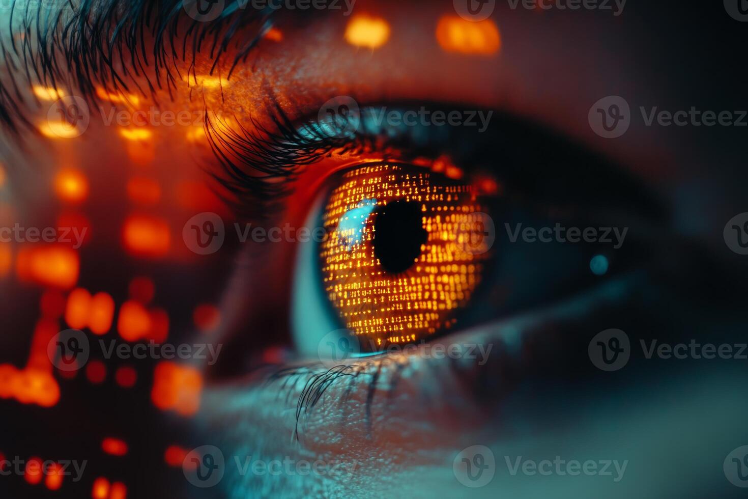 A closeup of a human eye shows vivid reflections of digital data against a tech backdrop, symbolizing themes of cybersecurity, privacy concerns, and future innovations shaping our society photo