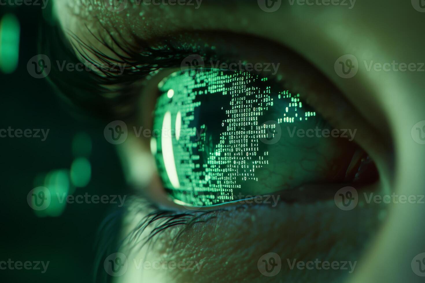 A closeup of a human eye displays vibrant digital patterns, emphasizing the complexities of technology and cyber security, while showcasing the exciting possibilities for our future photo