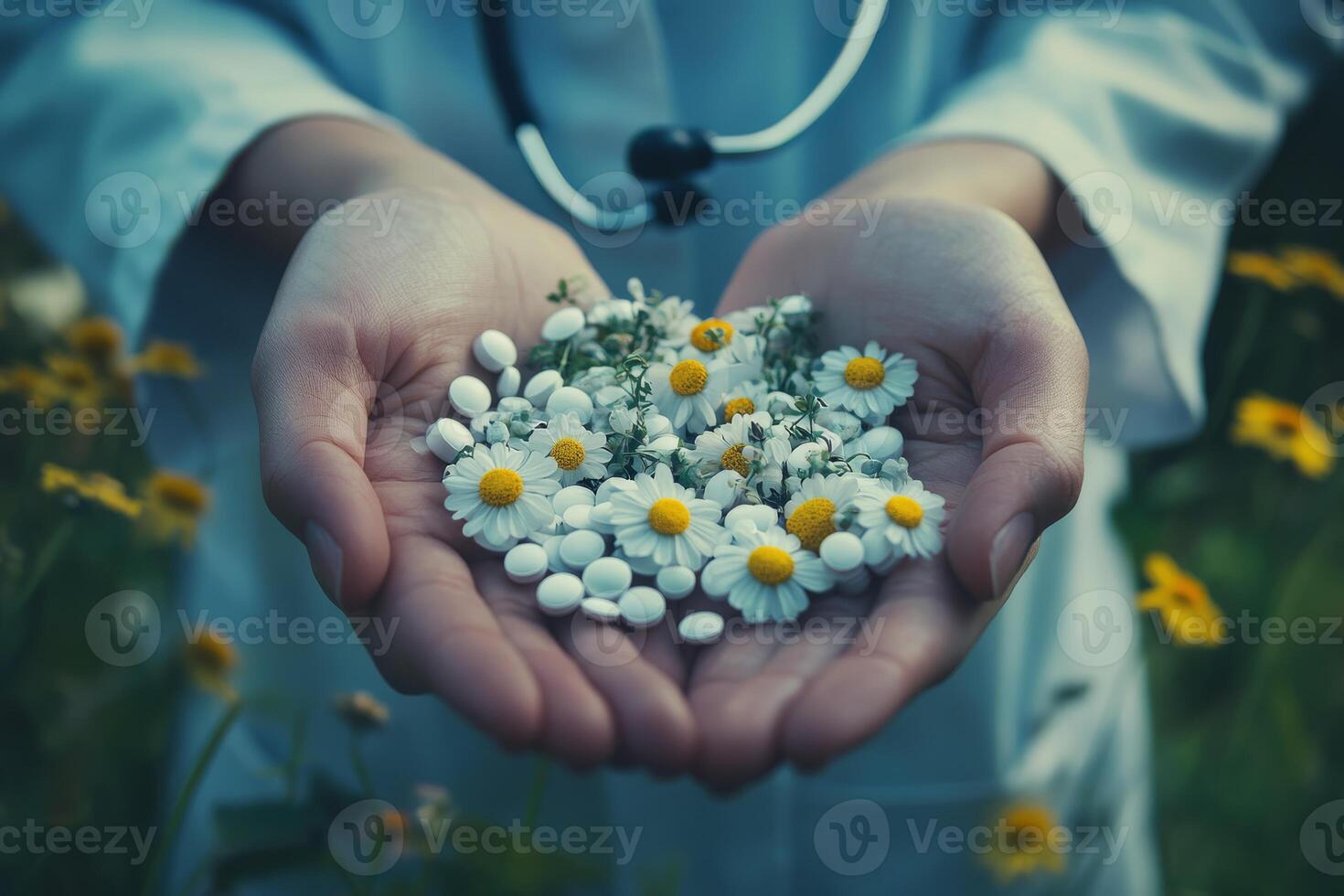 A serene image of cupped hands lovingly holding vibrant flowers, symbolizing healing and care in nature photo