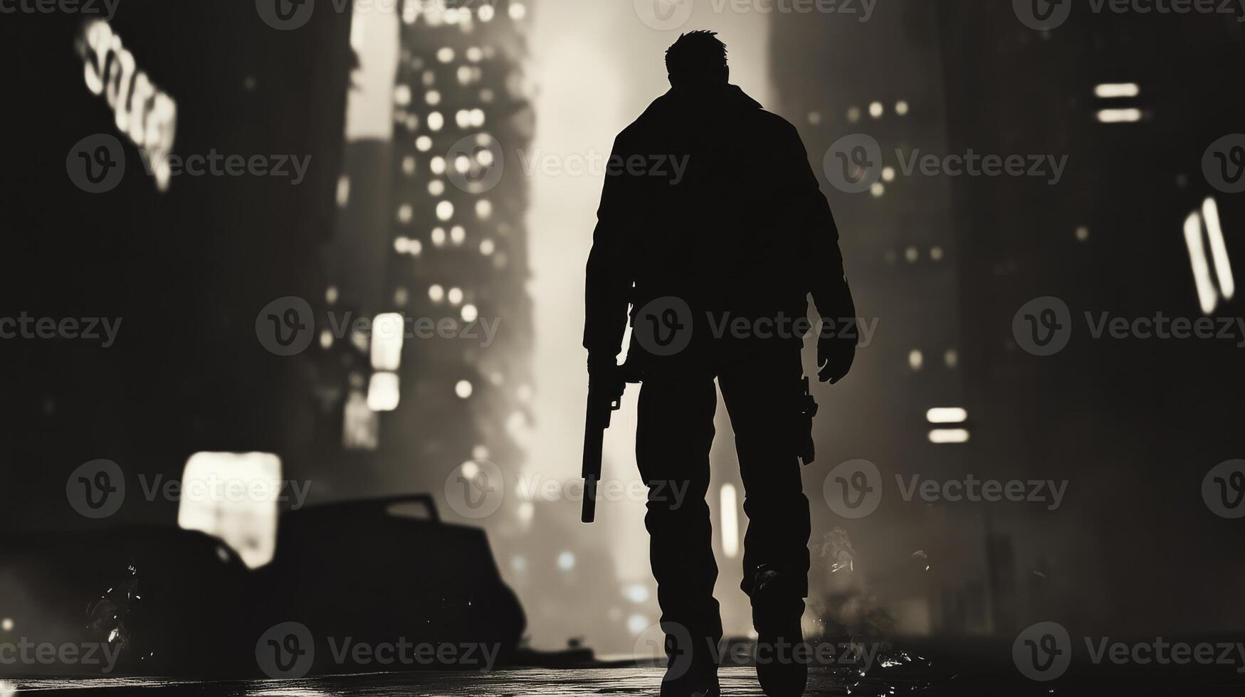 A shadowy figure looms amidst the sprawling cityscape, evoking deep themes of mystery and profound urban solitude photo