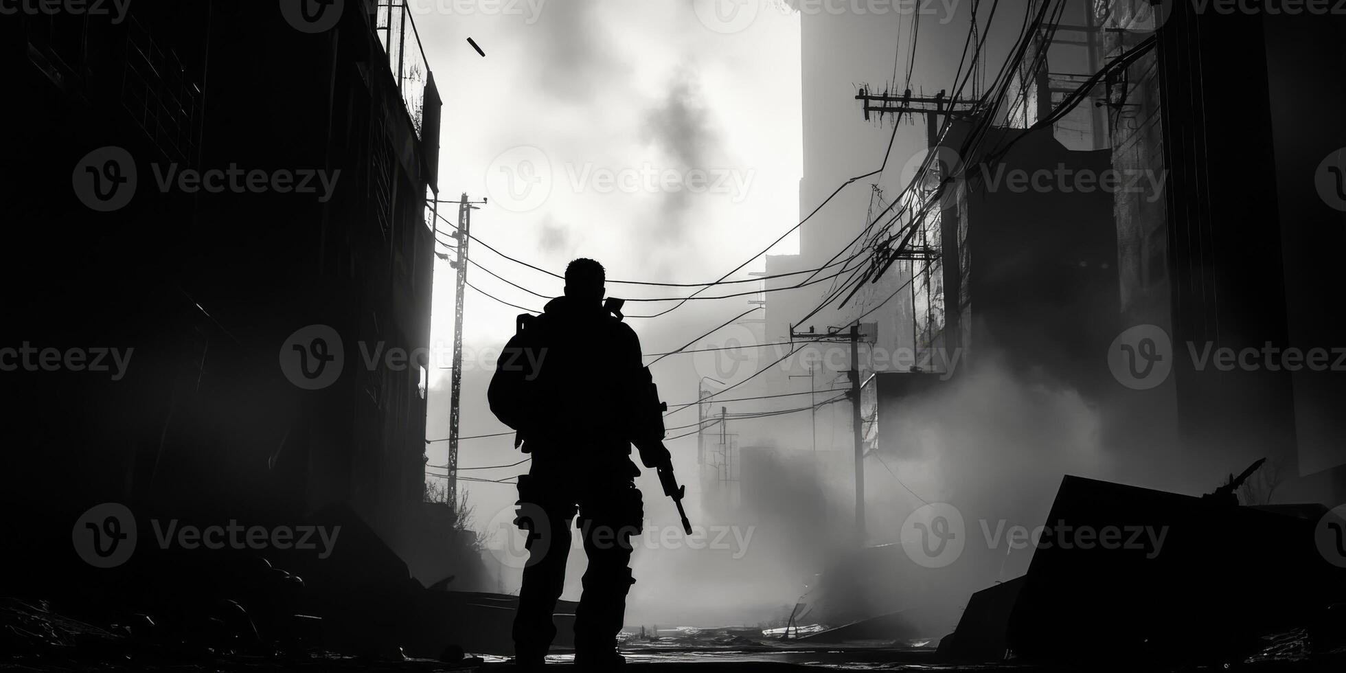 A lone soldier stands amid a foggy, abandoned cityscape, highlighting themes of survival and conflict. photo