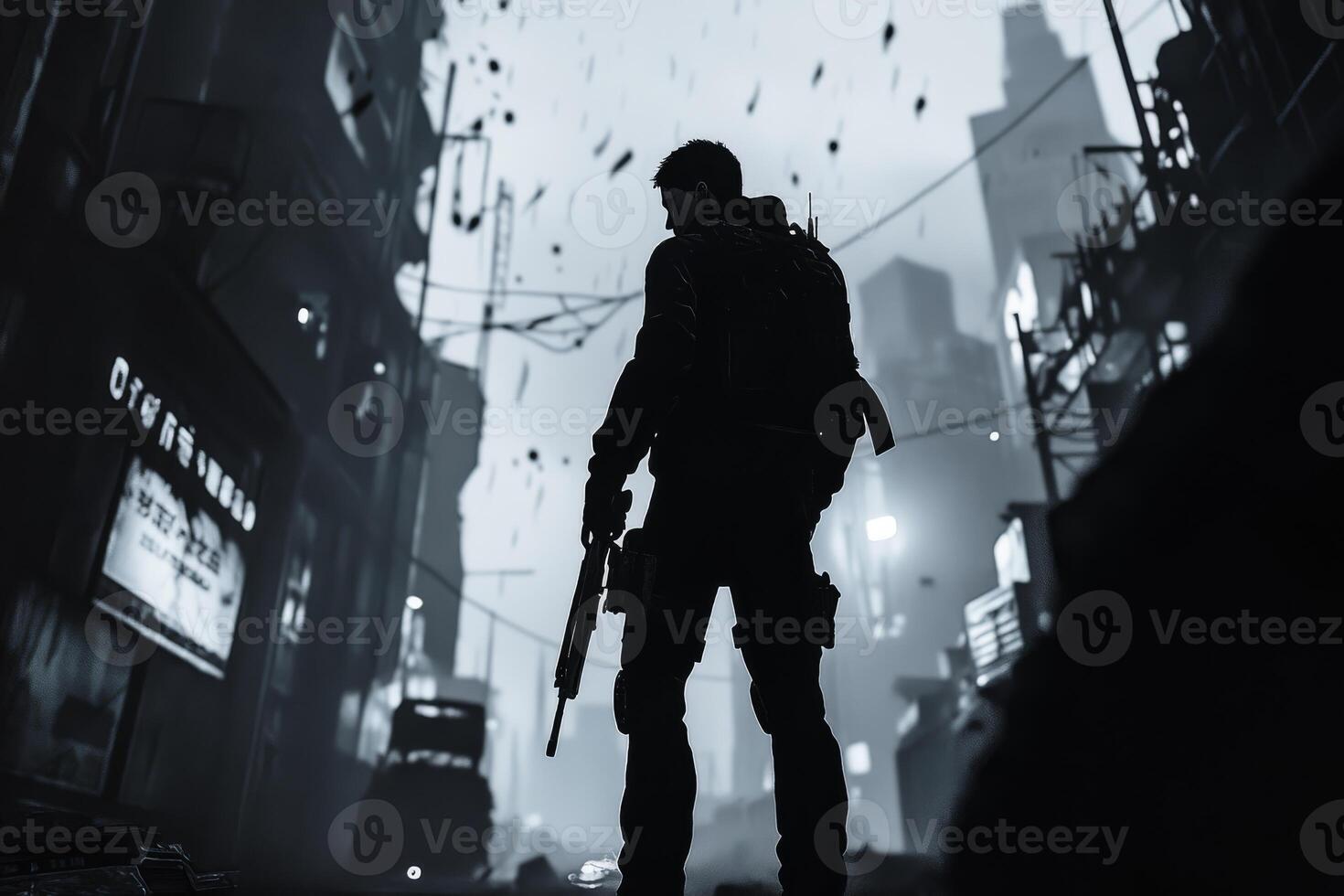 A mysterious soldier stands poised in a futuristic cityscape, evoking tension and intrigue throughout photo