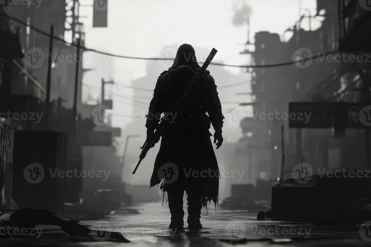 A solitary figure stands alone in a desolate urban setting that is filled with an air of mystery and shadows photo