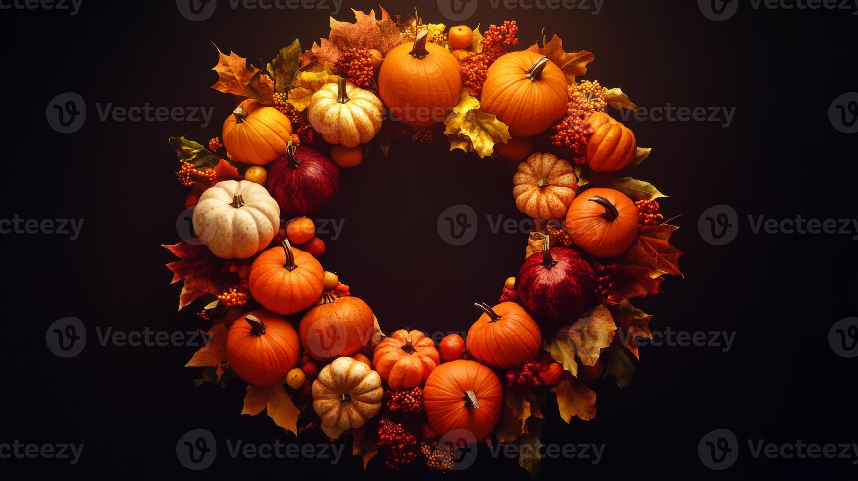 A stunningly arranged autumn wreath that features a mix of vibrant pumpkins and colorful leaves, making it the perfect addition for both Halloween and Thanksgiving themed decor throughout the season photo