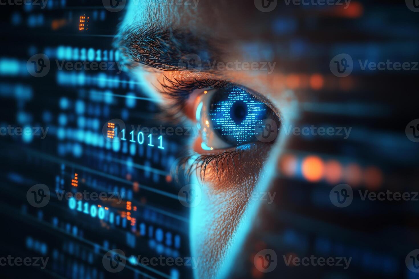 A vivid closeup view of a human eye set against an intricate background filled with dynamic digital data patterns, showcasing crucial themes of advanced technology, cybersecurity, and hacking photo