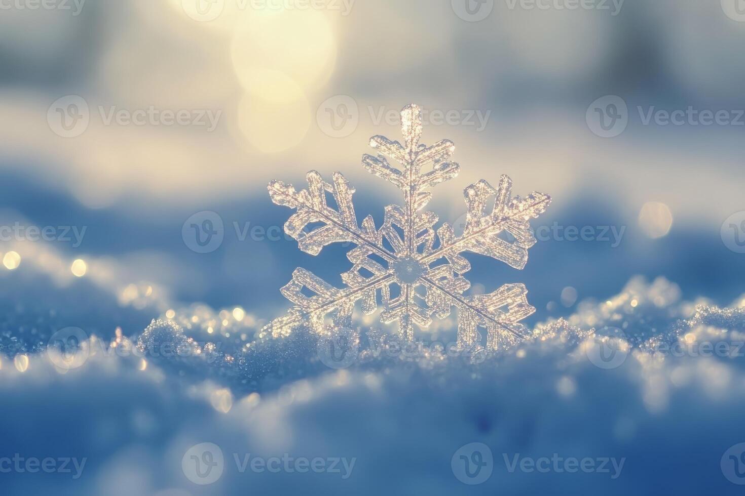 A delicate snowflake gently rests on a pristine and untouched blanket of white snow, showcasing its intricate and unique patterns, embodying the enchanting magic and beauty of the winter season photo