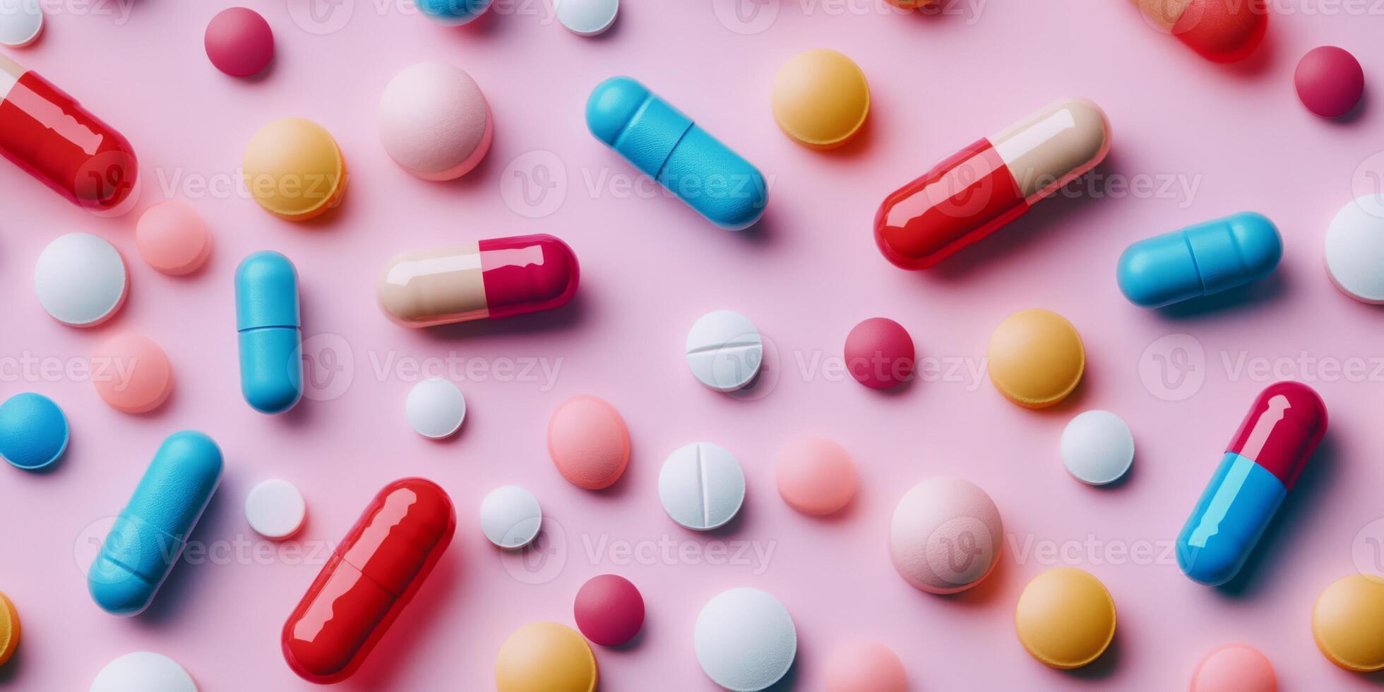 A vibrant array of capsules and pills scattered on a pink backdrop, symbolizing health and wellness. photo
