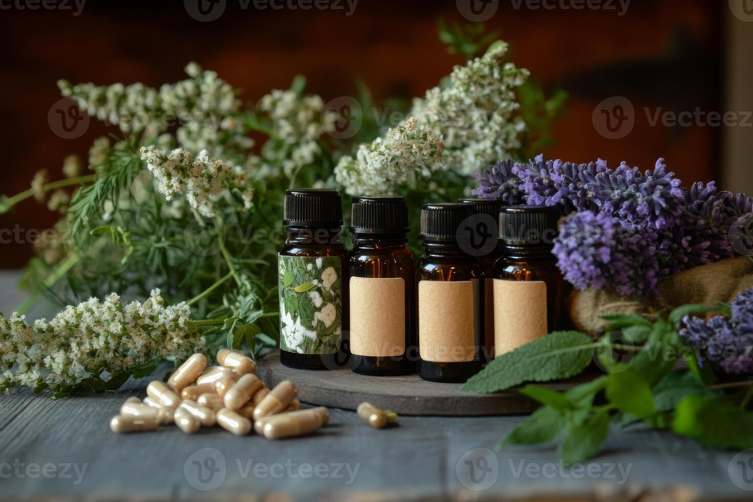 This beautiful and thoughtful arrangement of essential oils and herbs effectively promotes natural health and wellbeing photo