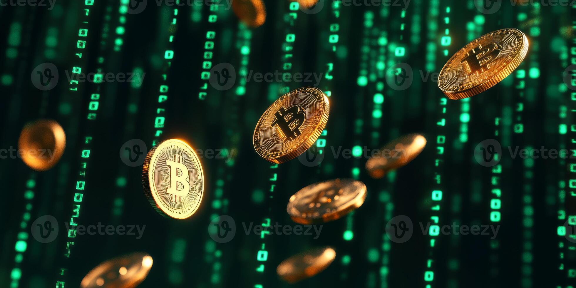 Delve deep into the intriguing concept of cryptocurrency, where abstract gold coins gracefully cascade through a dynamic digital binary backdrop, symbolizing the promising future of global finance photo