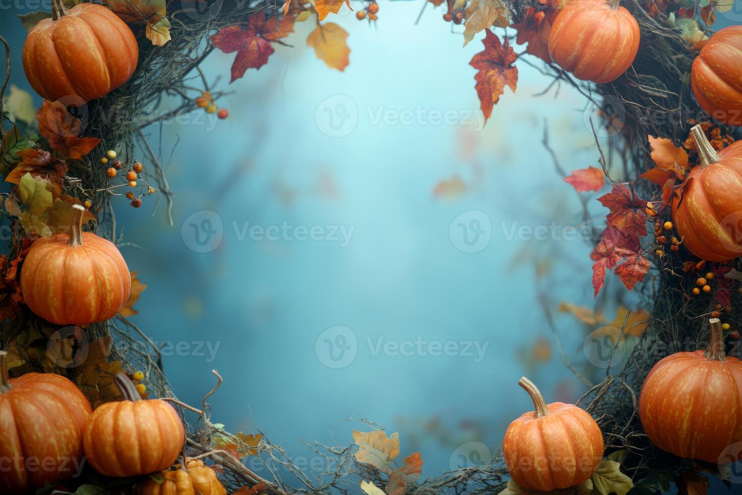 This beautiful autumn frame, adorned with vibrant pumpkins and colorful leaves, is perfect for Halloween or Thanksgiving invitations and warm greetings to loved ones during the festive season photo