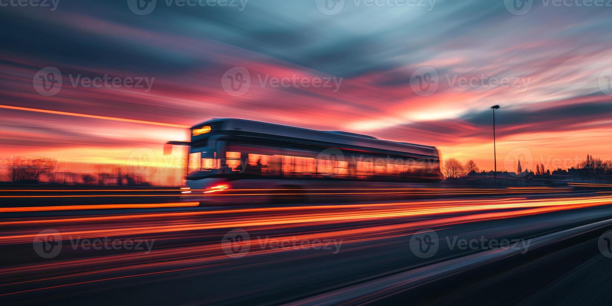 A vibrant and captivating sunset scene beautifully captures a bus moving swiftly along an expressway, exemplifying the magnificence of urban transportation and its role in modern city life photo