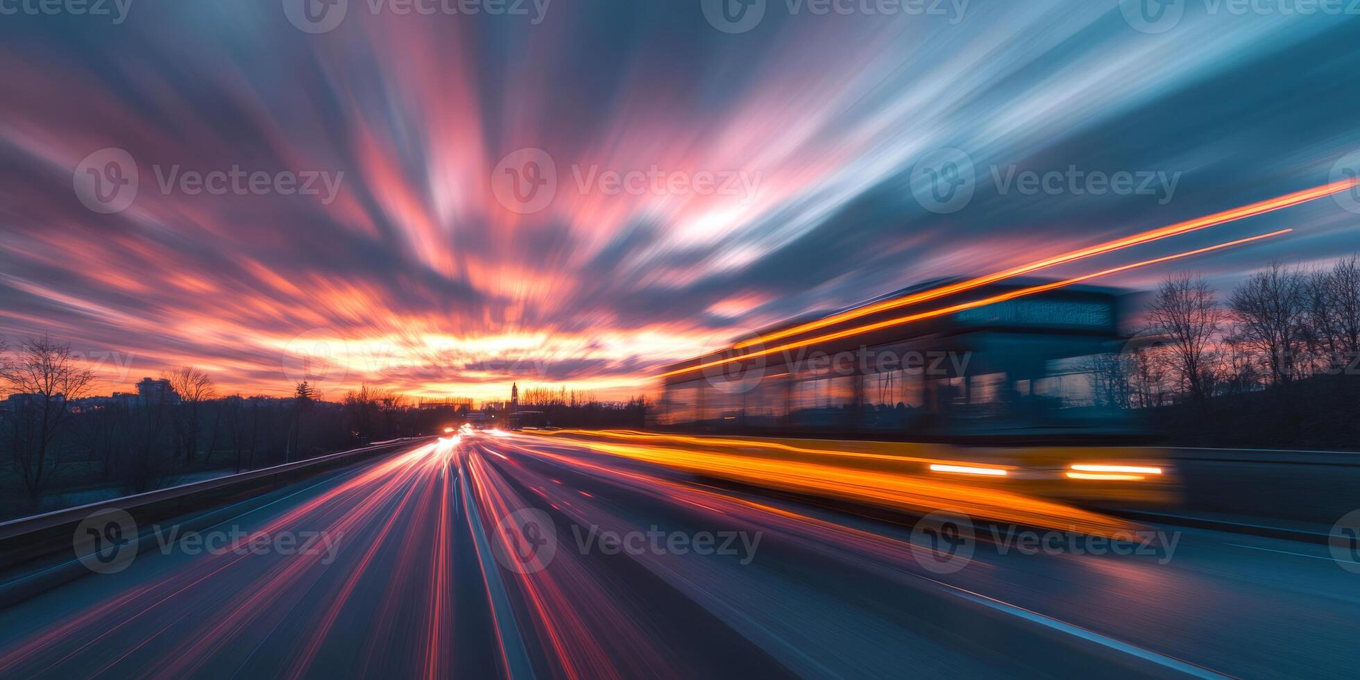 A breathtaking sunset scene vividly depicts a large truck navigating through a bustling expressway, harmoniously blending radiant colors with the speed and energy that defines urban life photo