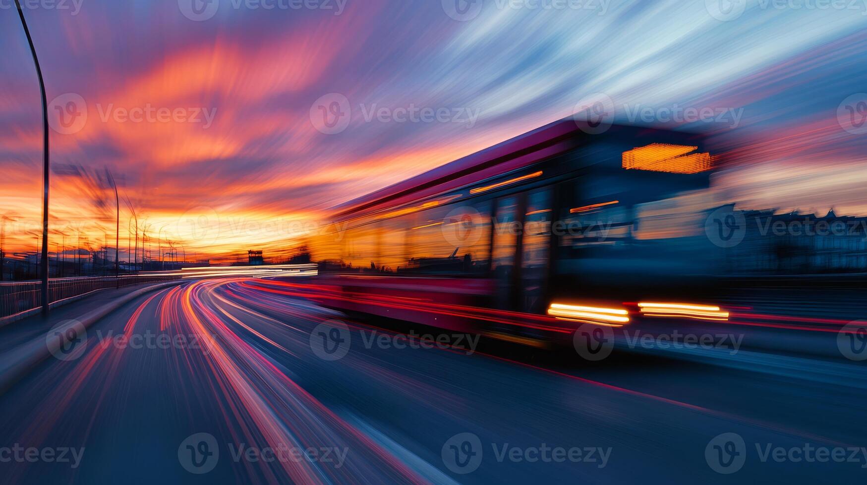 A lively and vibrant scene depicts a speeding bus navigating through an expressway at dusk. The blurred lights create a dynamic movement, while a colorful sunset reflects the essence of urban life photo