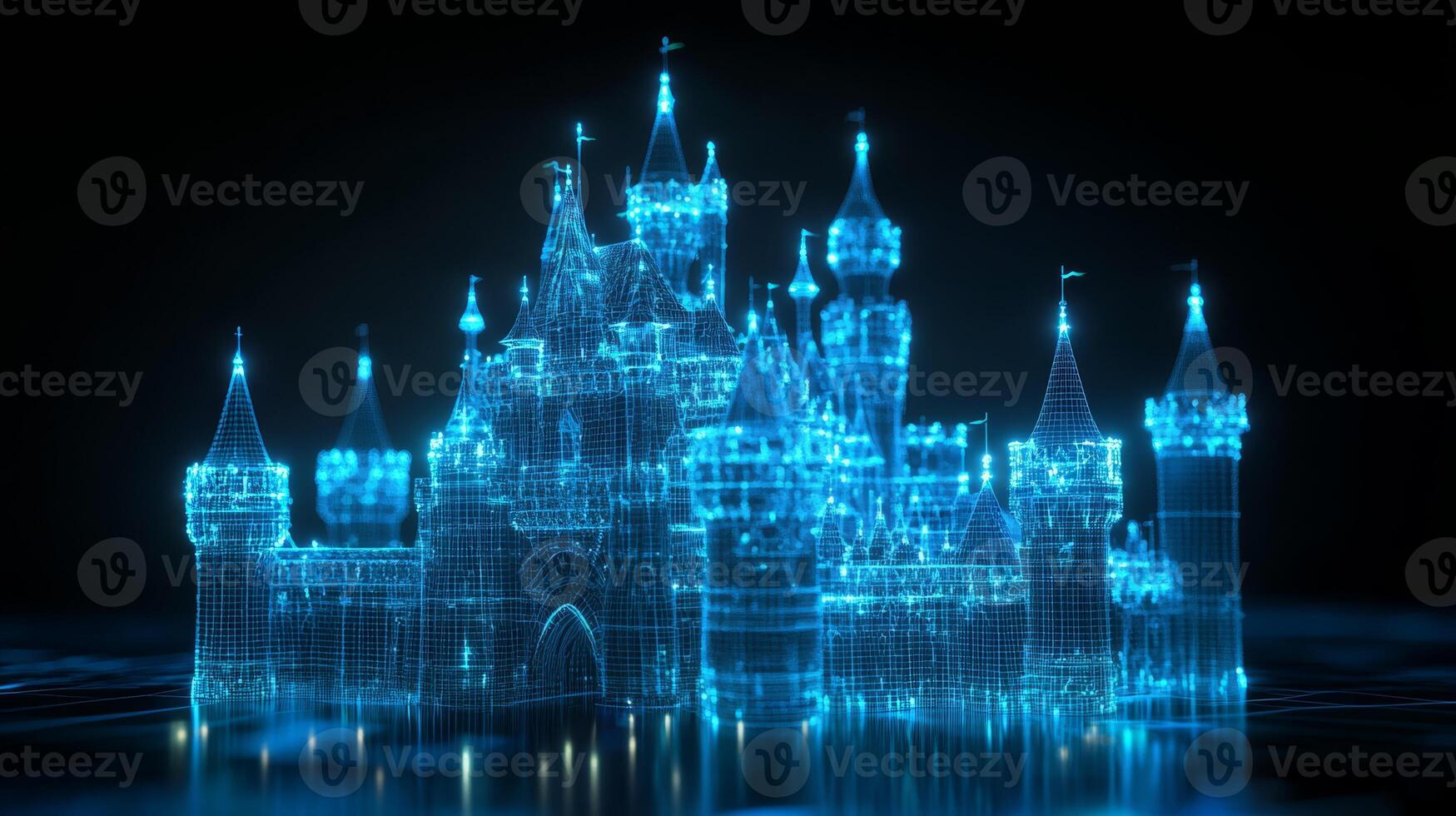 A stunning holographic castle, illuminated against a dark background, captivates viewers with its intricate details and elegant designa perfect blend of creativity and technology photo