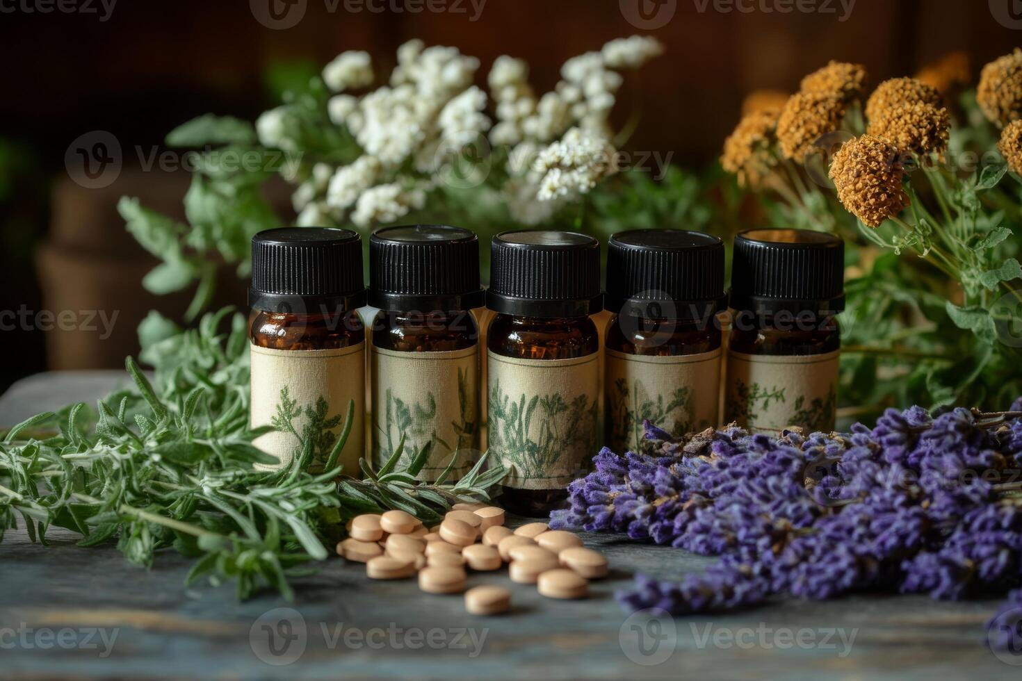 A visually appealing display of essential oils and herbs, promoting wellness and enhancing aromatherapy experience photo