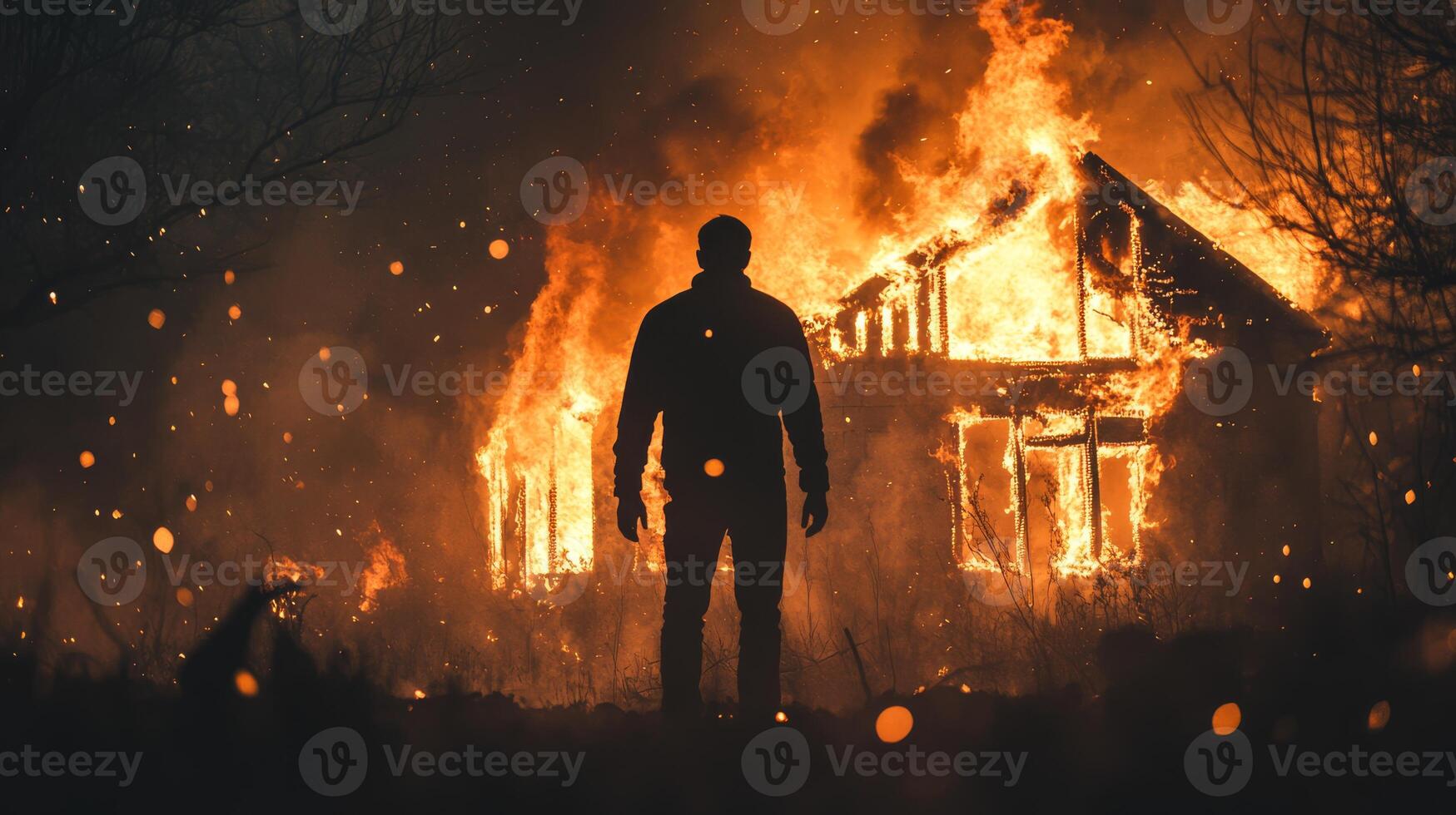 A solitary figure stands silhouetted against the backdrop of a raging fire that engulfs a building, emphasizing profound themes of destruction and isolation in a dark and ominous landscape photo