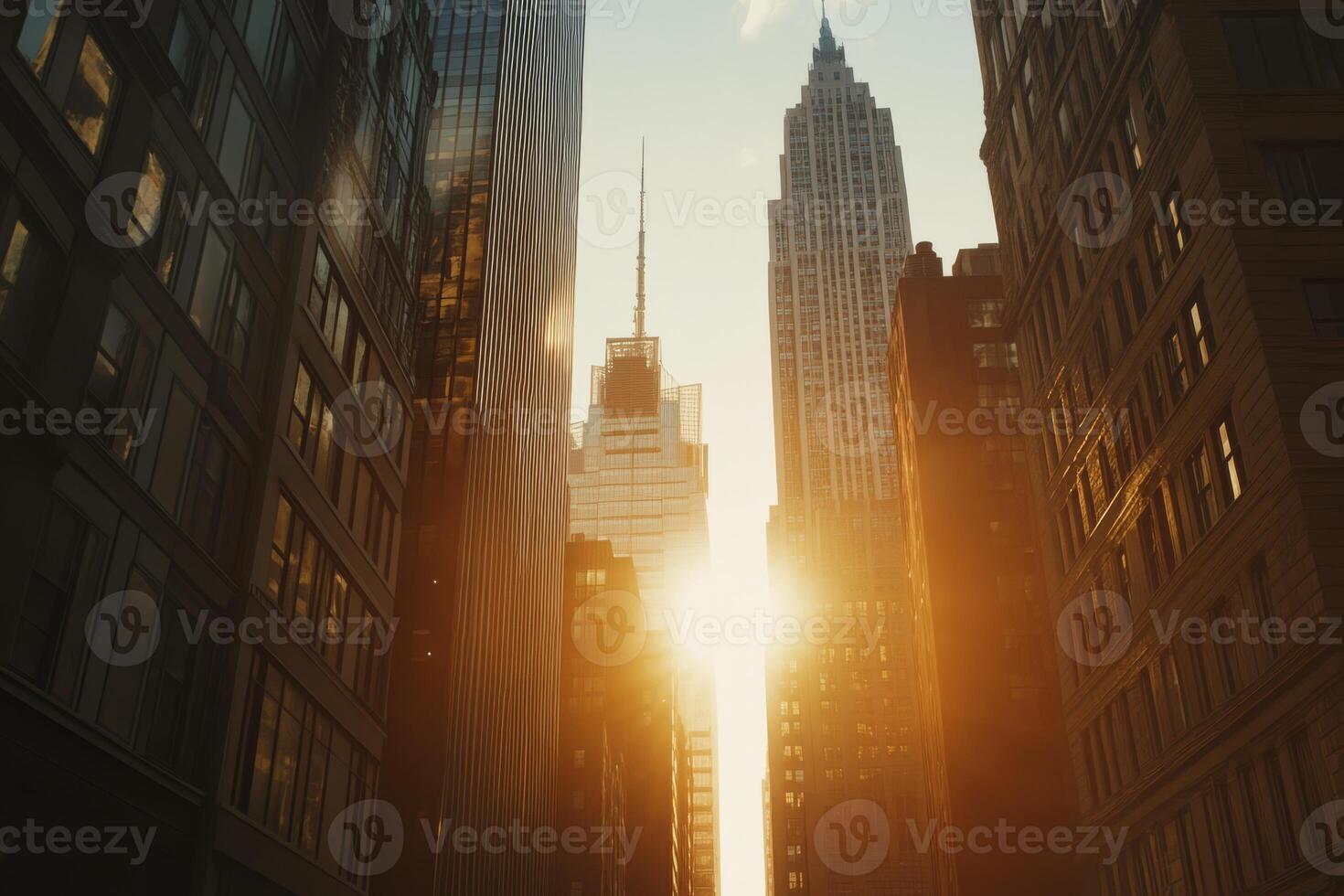 A breathtaking view of towering skyscrapers gracefully catching the warm golden sunlight, beautifully highlighting the vibrant city life and striking modern architecture as twilight sets in at dusk photo