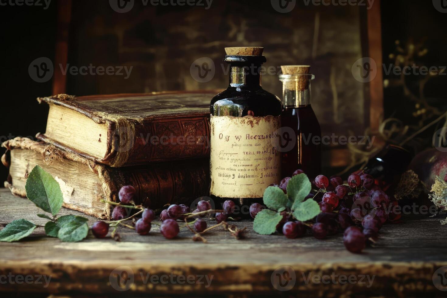 This charming still life art displays a collection of antique bottles, colorful books, and fresh juicy grapes photo