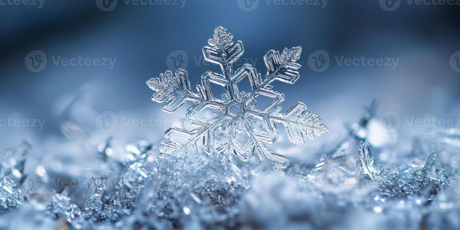 A stunning and intricate closeup of a delicate snowflake elegantly resting on a blanket of soft snow, beautifully capturing the unique essence of winter season and joyful holiday celebrations photo