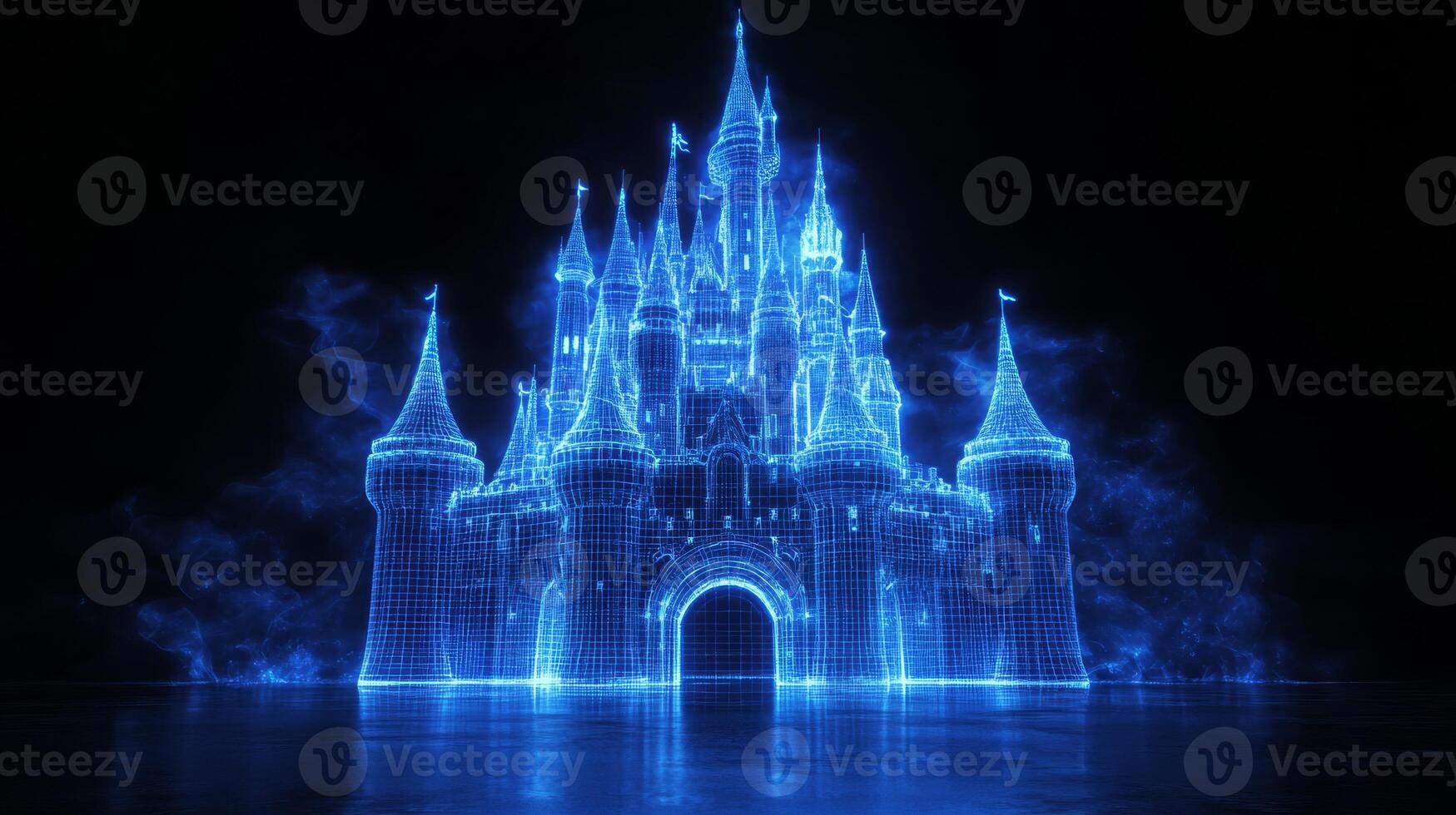 A holographic blue castle emerges from the darkness, showcasing intricate architecture and exuding a mystical aura that captivates all who gaze upon its breathtaking beauty and grandeur photo