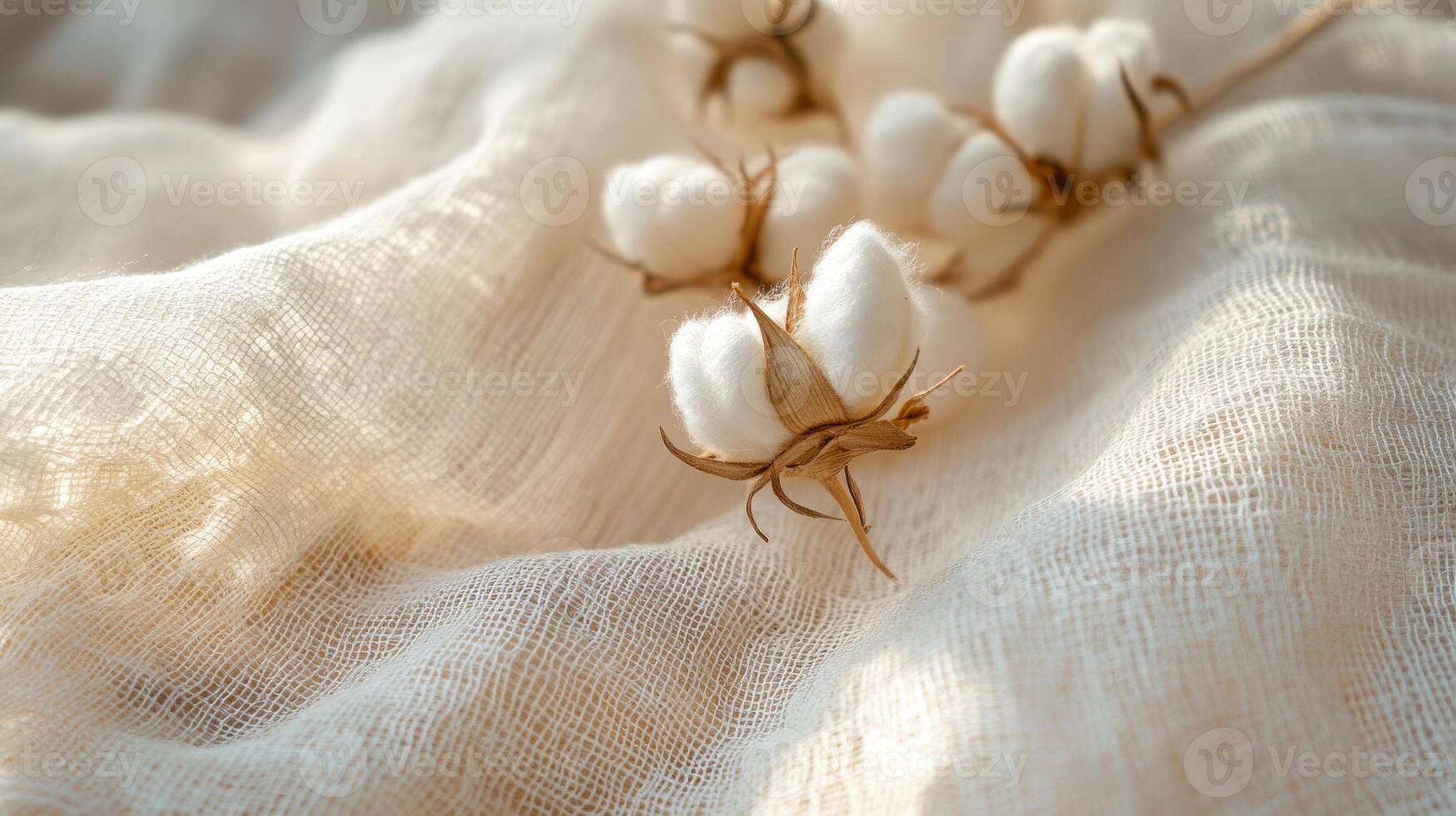 Beautiful cotton bolls gently resting on soft, delicate fabric, perfect for a variety of naturethemed projects photo