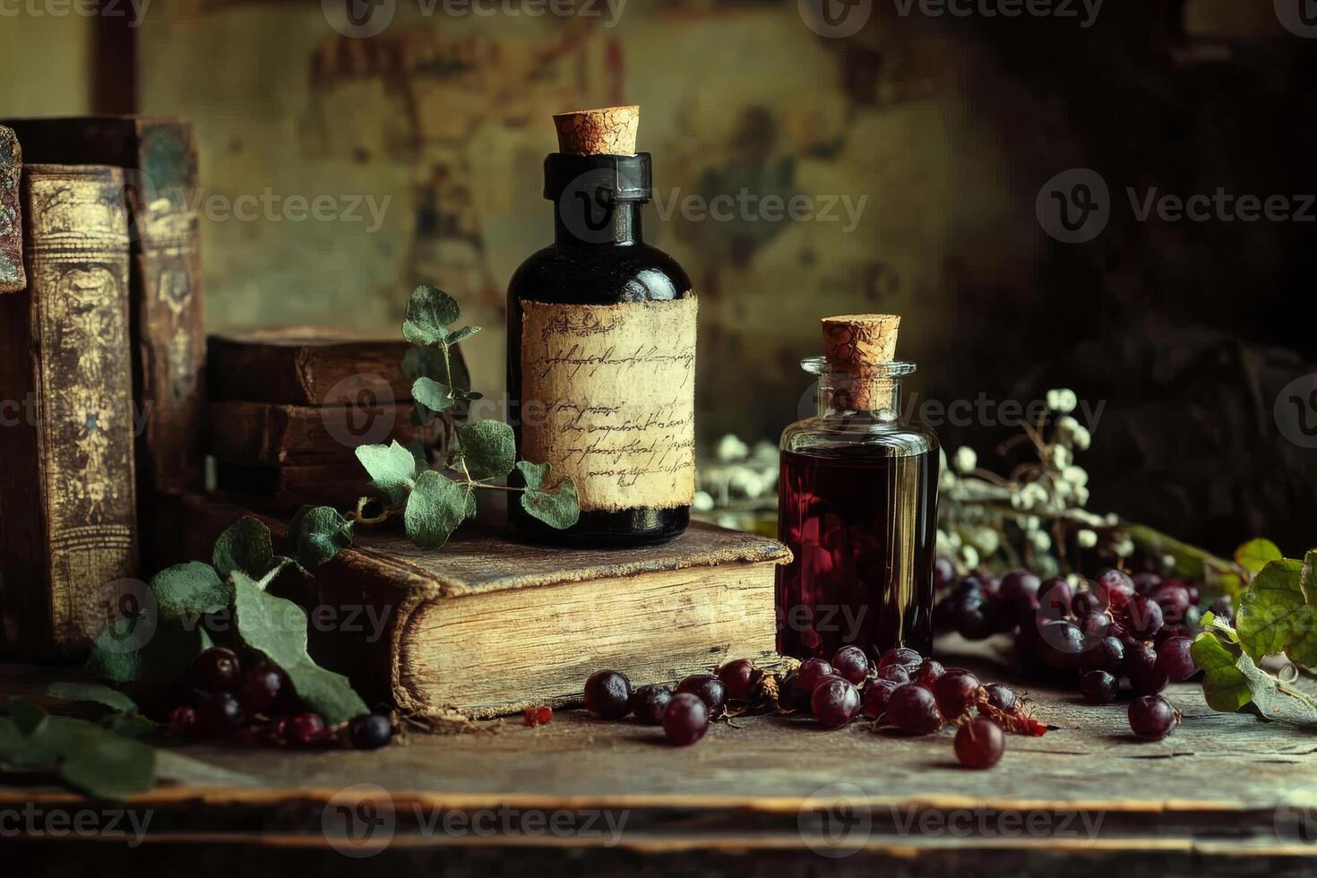A stunning aesthetic composition featuring vintage bottles, luscious grapes, and charming old books all around photo