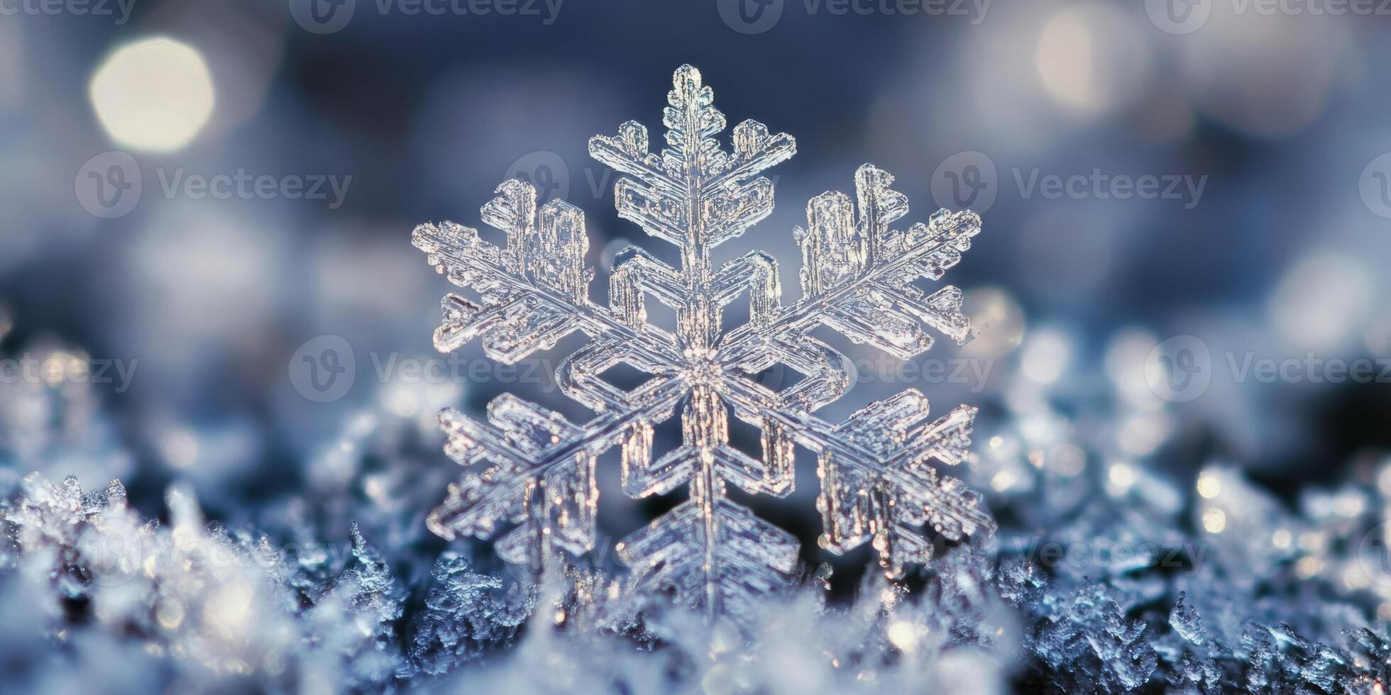 A breathtaking closeup of a single snowflake delicately resting upon a vibrant blanket of pristine white snow, perfectly capturing the pure essence and beauty of winter in a truly magical atmosphere photo
