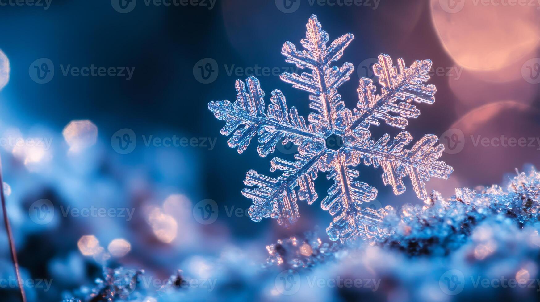 This is a breathtaking closeup image of a unique snowflake delicately resting on a chilly, frosty surface, perfectly showcasing the enchanting essence of winters beauty and tranquil atmosphere photo