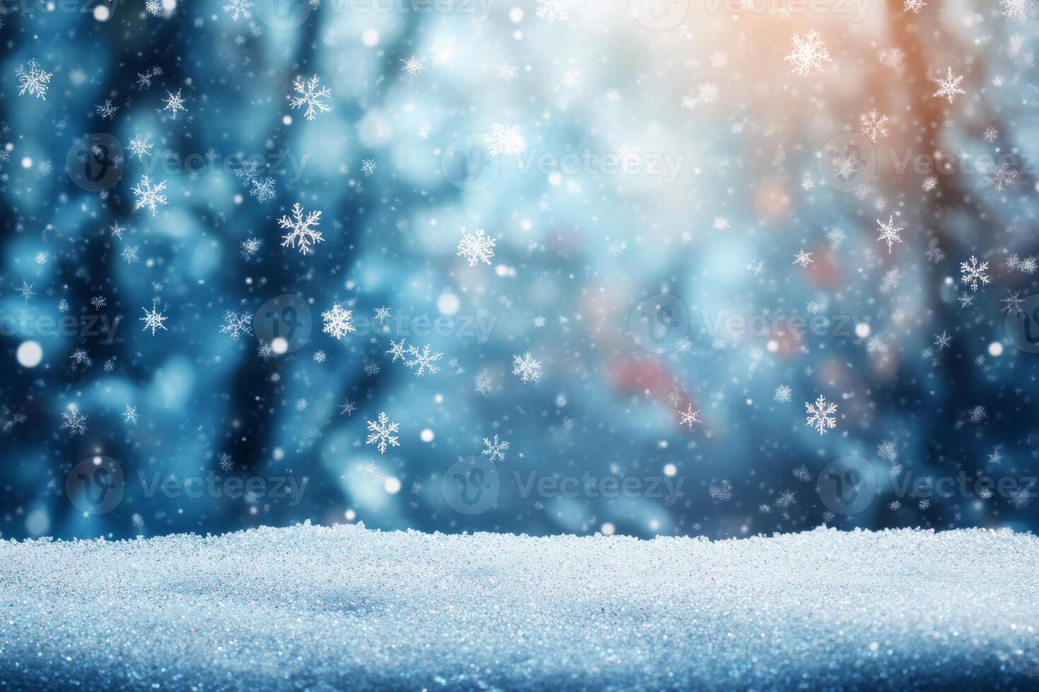 In this serene winter scene, gentle snowflakes fall from the sky, creating a soft snowy foreground, while a blurred background evokes the enchanting essence of holiday wonder and joy photo