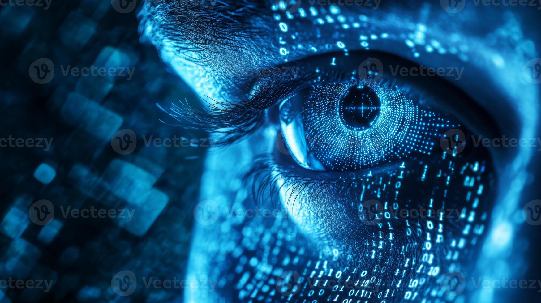 A detailed closeup shot of a human eye featuring a digital data pattern overlay, symbolizing elements of cyber security, advanced technology, and various futuristic concepts intertwined in our world photo