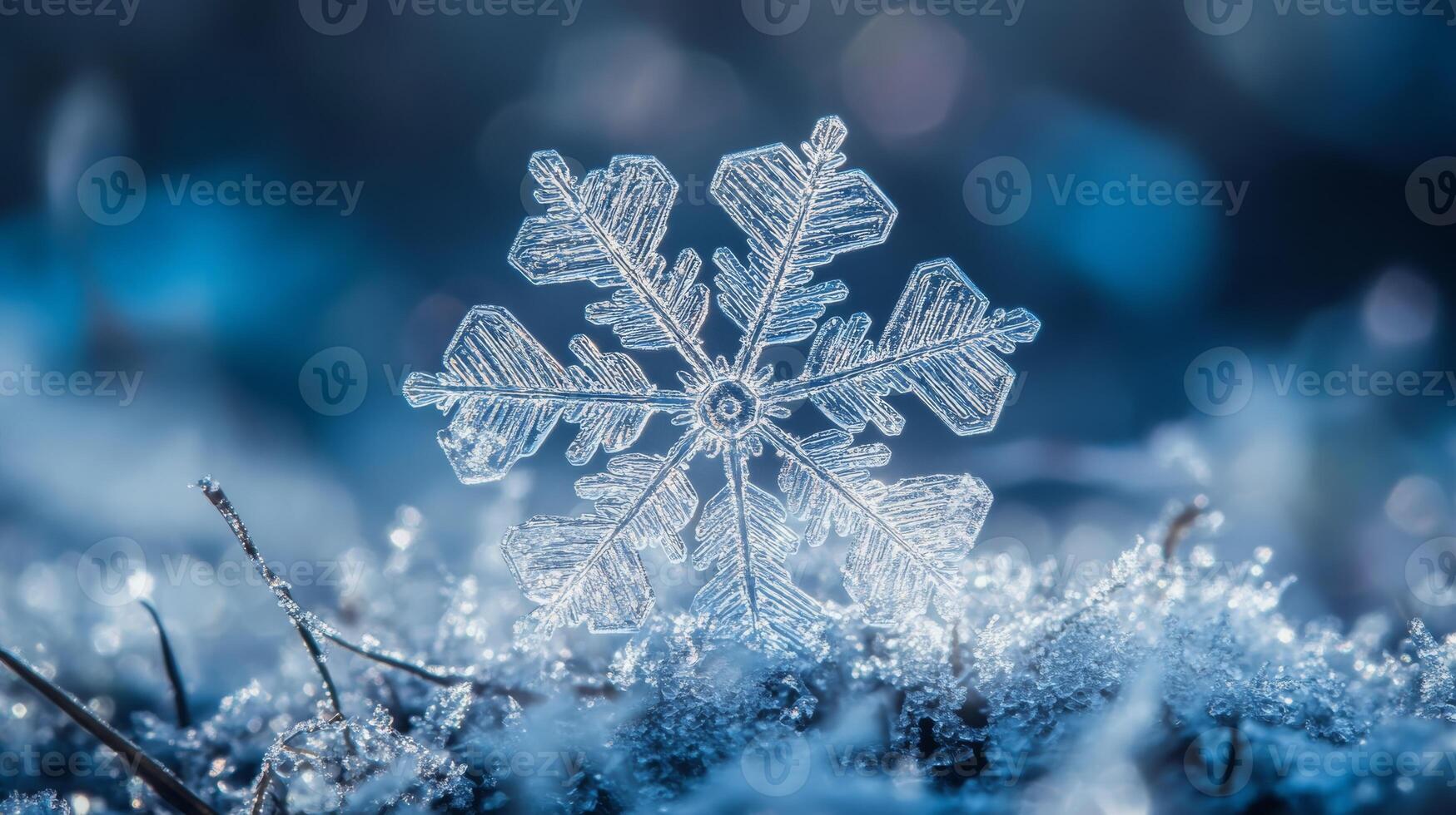 A breathtakingly stunning closeup image of a snowflake, perfectly set against a frosty blue background, beautifully capturing the intricate and delicate beauty of nature found in wintertime photo