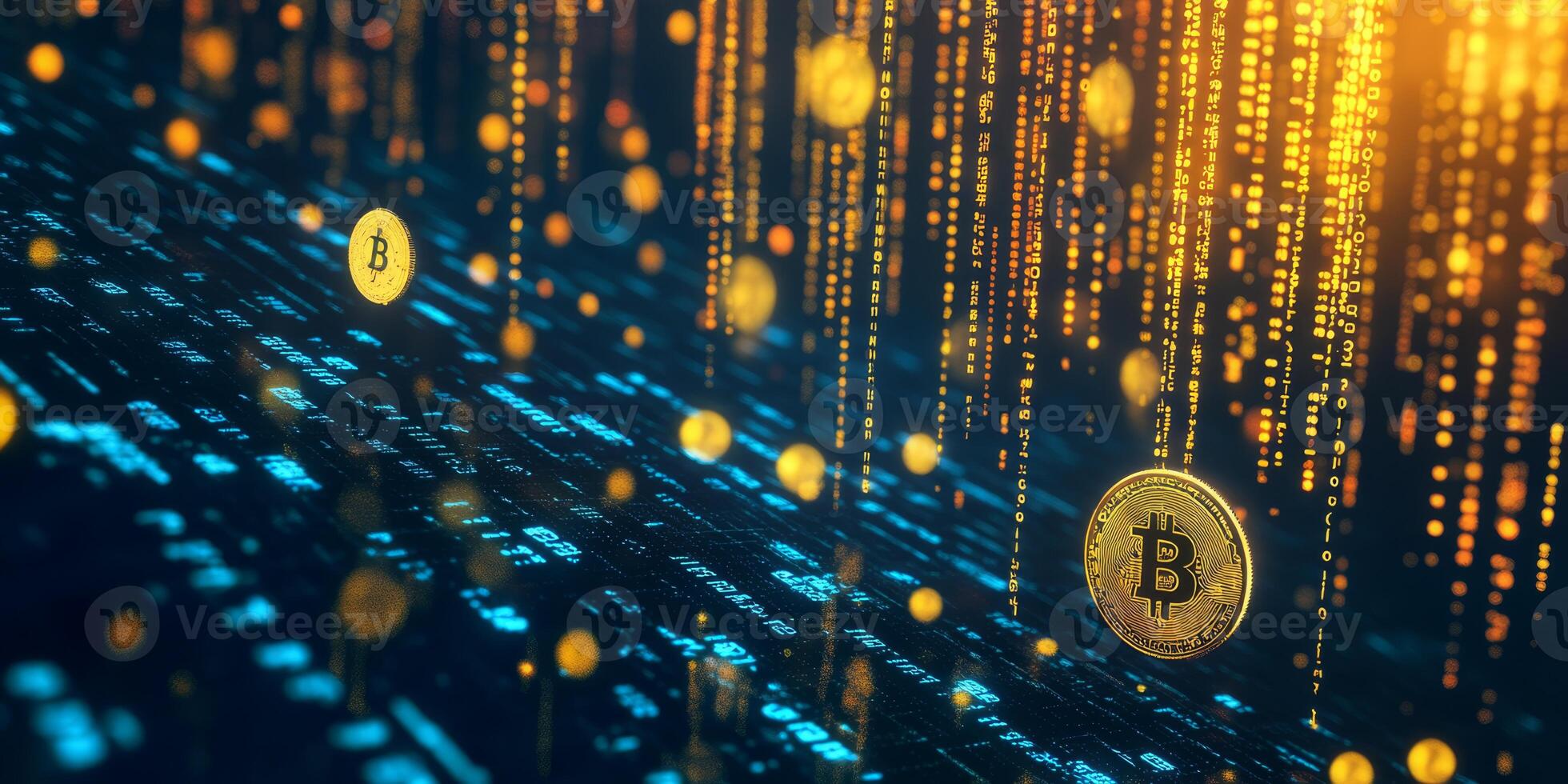 A visually captivating representation of shimmering digital gold coins flowing through intricate binary code patterns, symbolizing the dynamic cryptocurrency world and continuous data flow photo