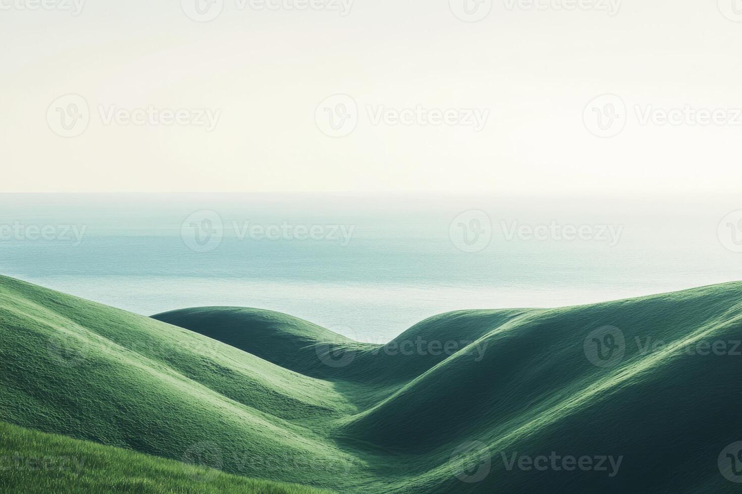 In this incredibly serene and breathtaking landscape, the lush green hills gracefully blend into a tranquil ocean, all beautifully illuminated by the soft sunlight shimmering gently on the horizon photo