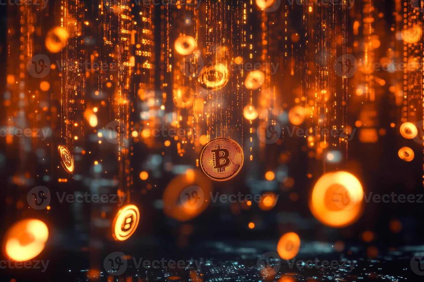 Golden coins cascade impressively over streams of intricate binary code, vividly symbolizing the remarkable fusion of cryptocurrency and advanced technology that defines our modern world today photo