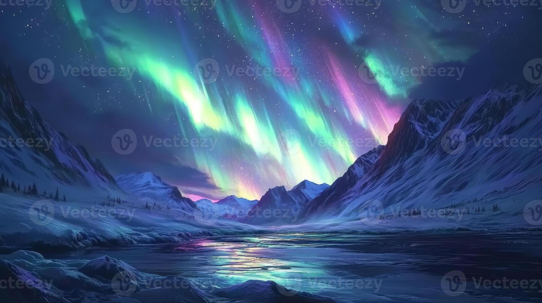 The stunning night view features the magical aurora borealis illuminating the sky over a serene winter landscape with a reflective water body, creating an enchanting and unforgettable scene photo