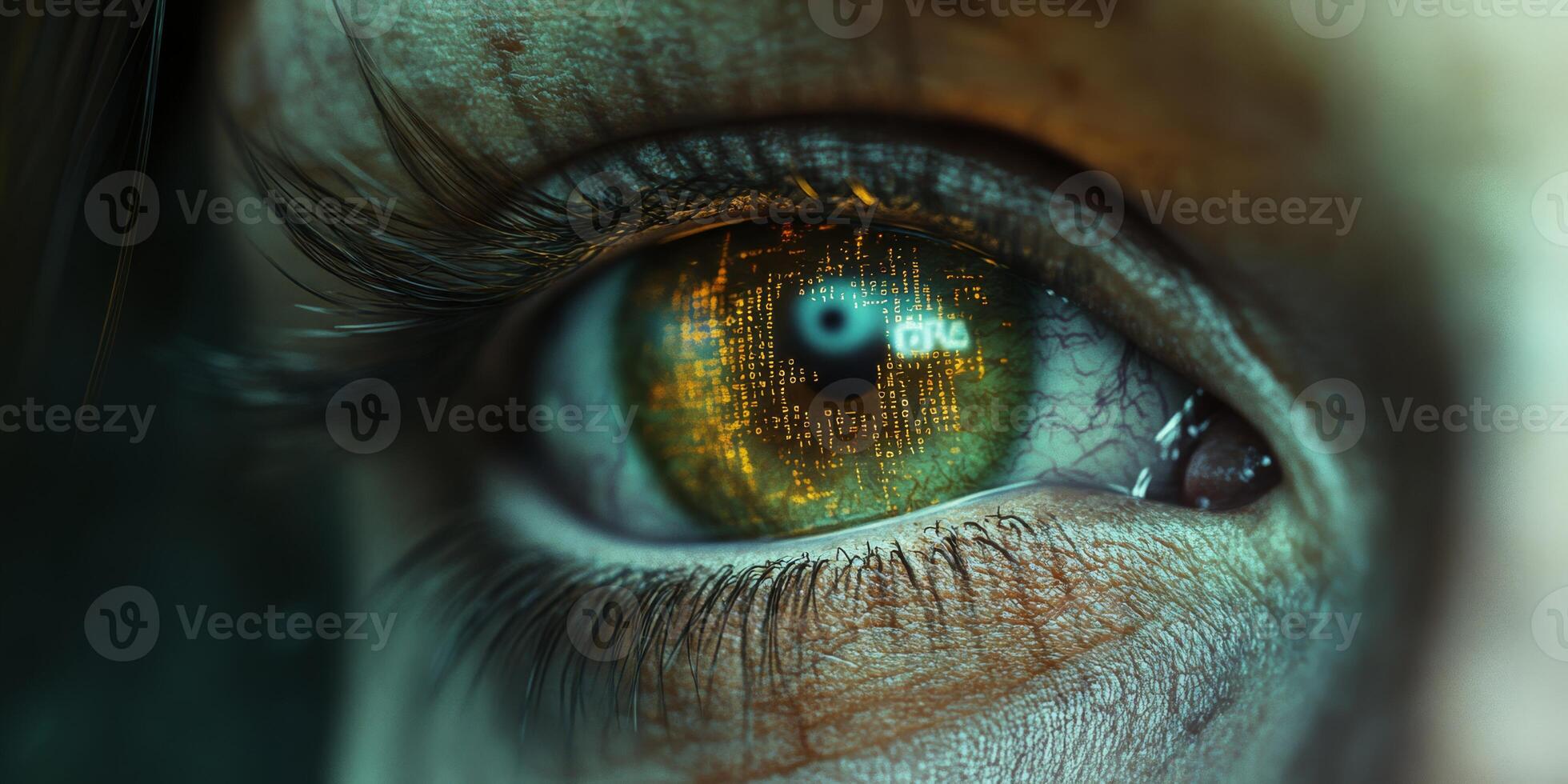A striking closeup capture of a human eye set against a vibrant green tech backdrop, which vividly embodies themes such as cyber security, advancing technology, and intricate digital networks photo